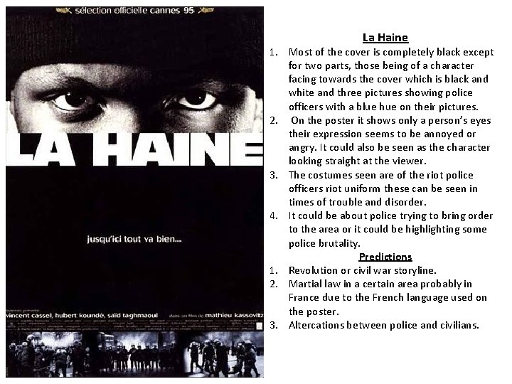 La Haine 1. Most of the cover is completely black except for two parts,