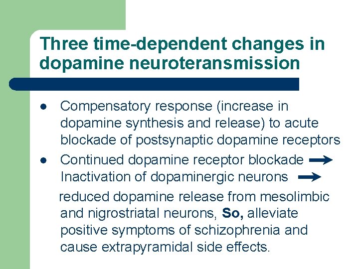 Three time-dependent changes in dopamine neuroteransmission l l Compensatory response (increase in dopamine synthesis