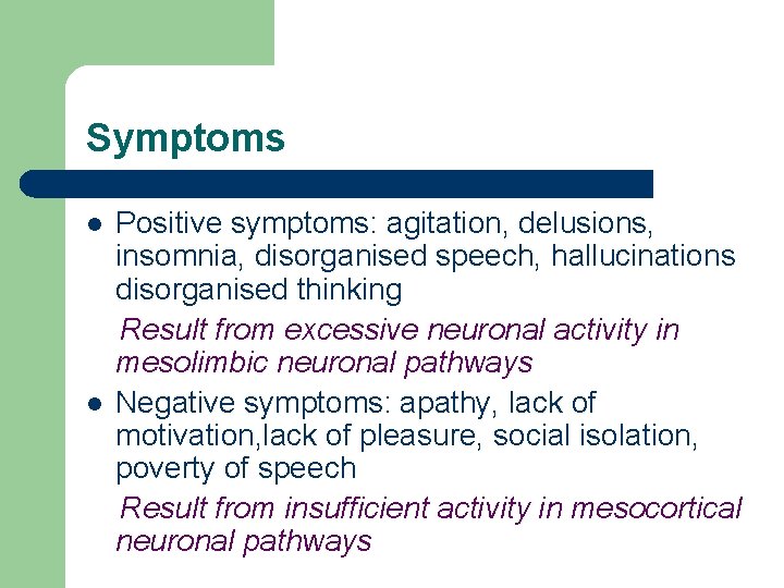 Symptoms l l Positive symptoms: agitation, delusions, insomnia, disorganised speech, hallucinations disorganised thinking Result