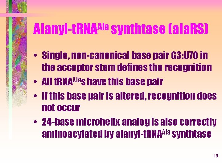 Alanyl-t. RNAAla synthtase (ala. RS) • Single, non-canonical base pair G 3: U 70