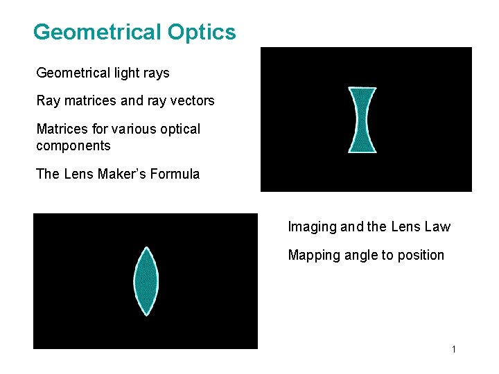 Geometrical Optics Geometrical light rays Ray matrices and ray vectors Matrices for various optical