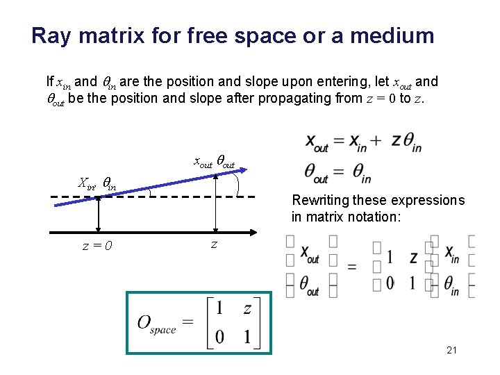 Ray matrix for free space or a medium If xin and qin are the