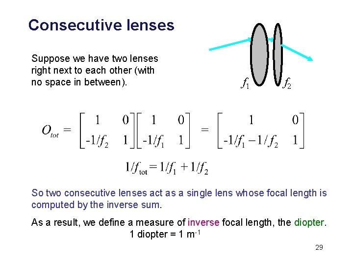 Consecutive lenses Suppose we have two lenses right next to each other (with no
