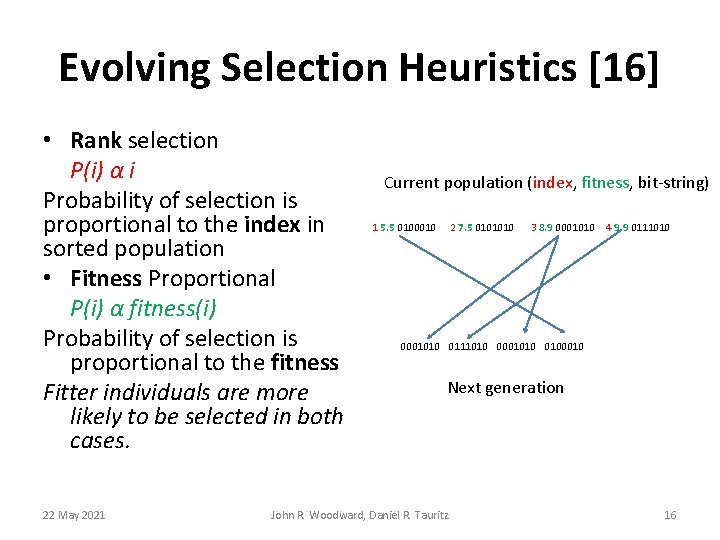 Evolving Selection Heuristics [16] • Rank selection P(i) α i Probability of selection is