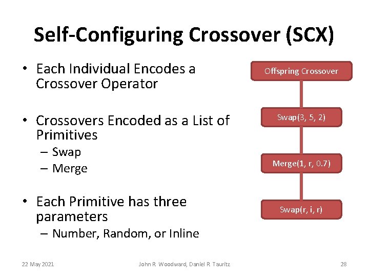 Self-Configuring Crossover (SCX) • Each Individual Encodes a Crossover Operator • Crossovers Encoded as Self-Configuring Crossover (SCX) • Each Individual Encodes a Crossover Operator • Crossovers Encoded as