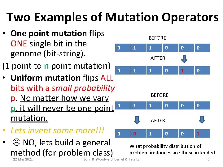 Two Examples of Mutation Operators • One point mutation flips ONE single bit in Two Examples of Mutation Operators • One point mutation flips ONE single bit in