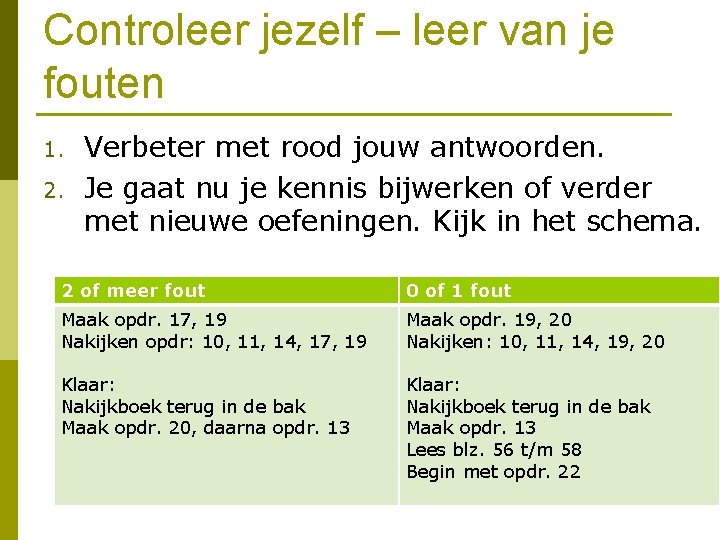 Controleer jezelf – leer van je fouten 1. 2. Verbeter met rood jouw antwoorden.