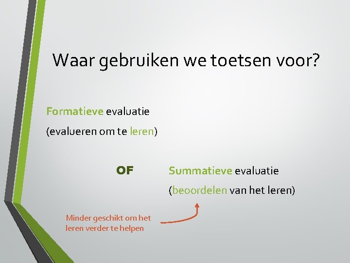 Waar gebruiken we toetsen voor? Formatieve evaluatie (evalueren om te leren) OF Summatieve evaluatie