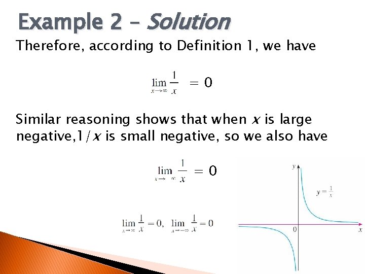 Example 2 – Solution Therefore, according to Definition 1, we have =0 Similar reasoning