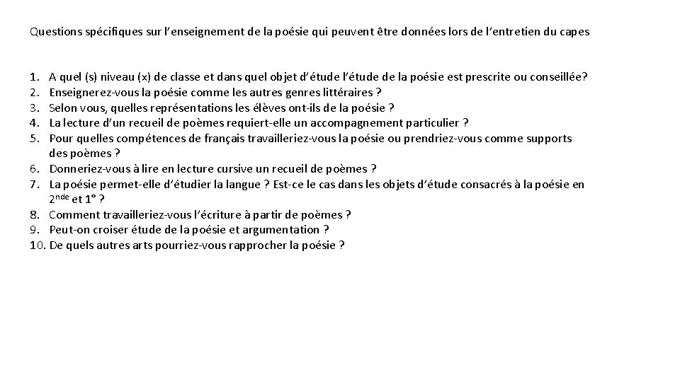 Questions spécifiques sur l’enseignement de la poésie qui peuvent être données lors de l’entretien