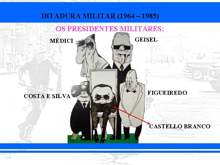 DITADURA MILITAR (1964 – 1985) OS PRESIDENTES MILITARES: MÉDICI COSTA E SILVA GEISEL FIGUEIREDO