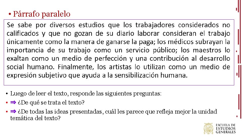  • Párrafo paralelo • Luego de leer el texto, responde las siguientes preguntas:
