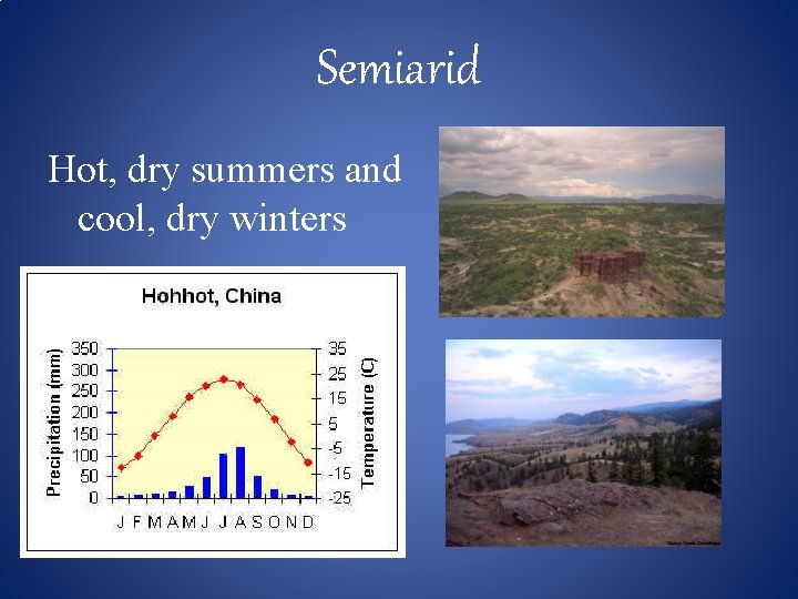 Semiarid Hot, dry summers and cool, dry winters 