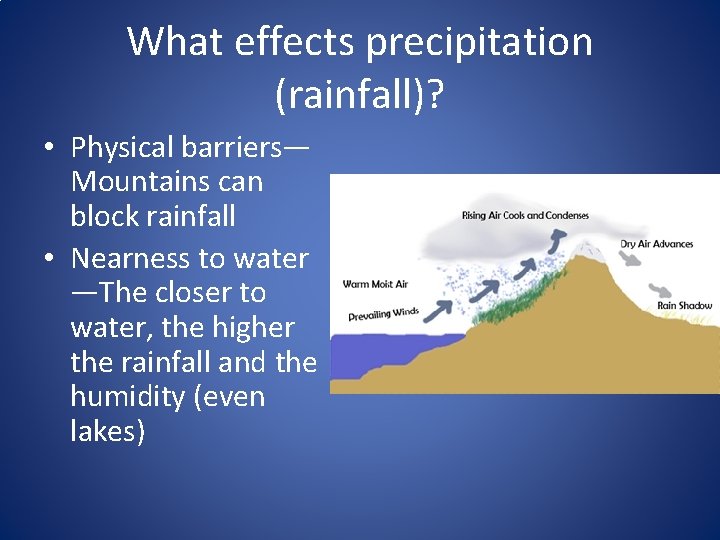 What effects precipitation (rainfall)? • Physical barriers— Mountains can block rainfall • Nearness to