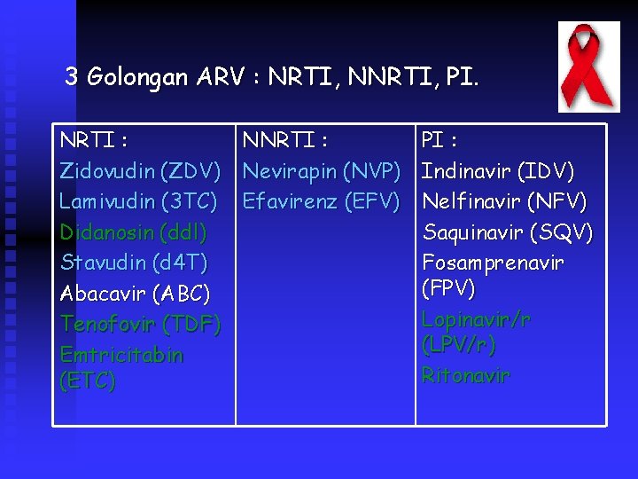 3 Golongan ARV : NRTI, NNRTI, PI. NRTI : NNRTI : Zidovudin (ZDV) Nevirapin