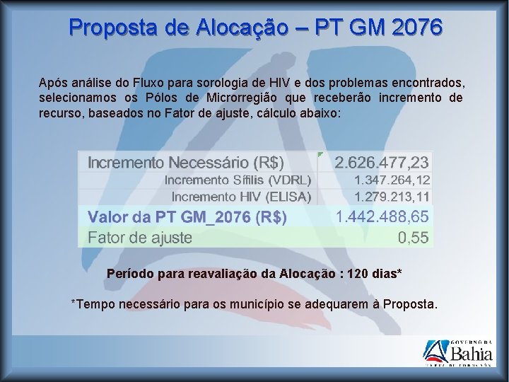 Proposta de Alocação – PT GM 2076 Após análise do Fluxo para sorologia de