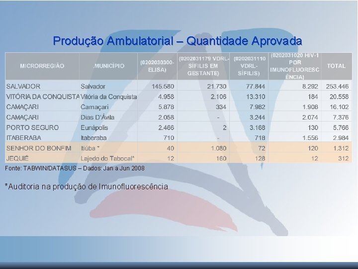 Produção Ambulatorial – Quantidade Aprovada Fonte: TABWIN/DATASUS – Dados: Jan a Jun 2008 *Auditoria