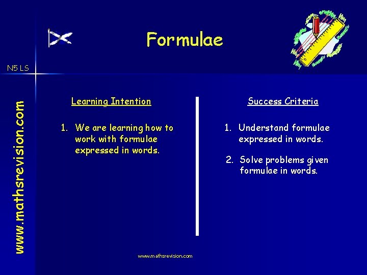 Formulae www. mathsrevision. com N 5 LS Learning Intention 1. We are learning how