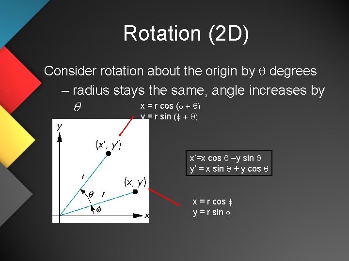 Rotation (2 D) Consider rotation about the origin by q degrees – radius stays