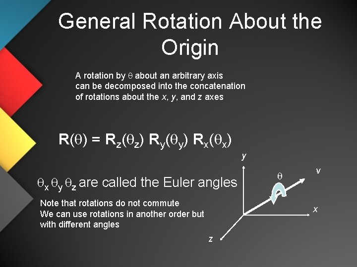 General Rotation About the Origin A rotation by q about an arbitrary axis can