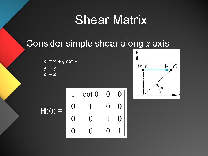 Shear Matrix Consider simple shear along x axis x’ = x + y cot