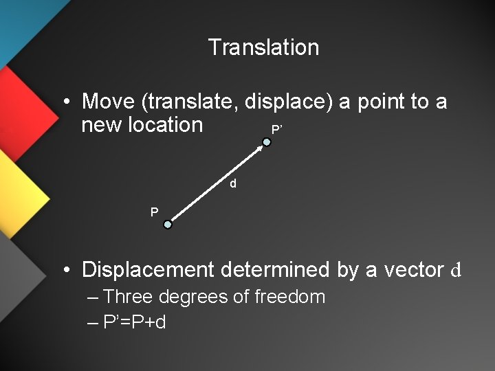 Translation • Move (translate, displace) a point to a new location P’ d P