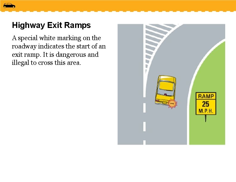 Highway Exit Ramps A special white marking on the roadway indicates the start of