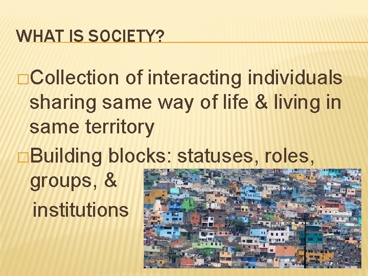 WHAT IS SOCIETY? �Collection of interacting individuals sharing same way of life & living