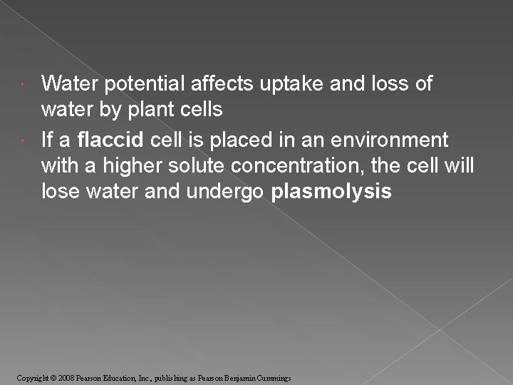 Water potential affects uptake and loss of water by plant cells If a flaccid