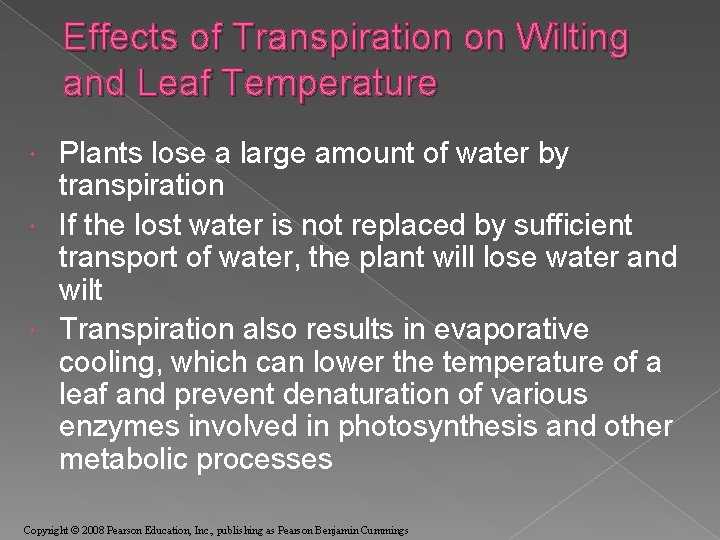 Effects of Transpiration on Wilting and Leaf Temperature Plants lose a large amount of