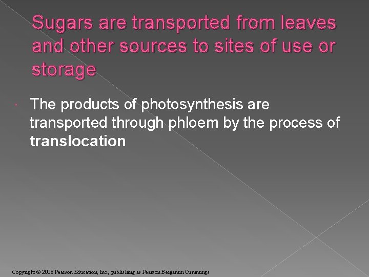 Sugars are transported from leaves and other sources to sites of use or storage