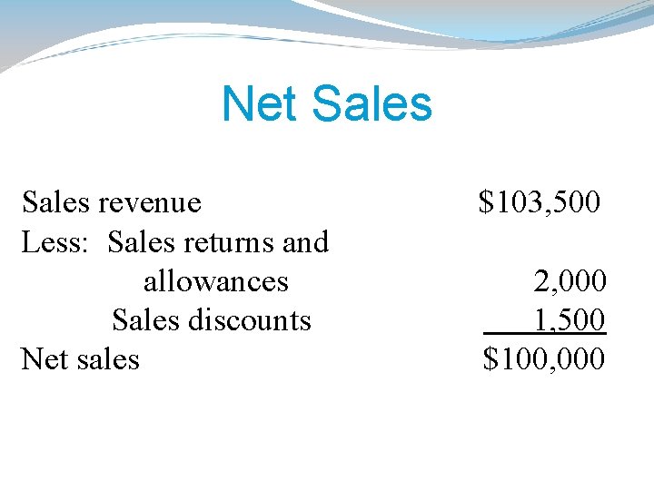 Net Sales revenue Less: Sales returns and allowances Sales discounts Net sales $103, 500