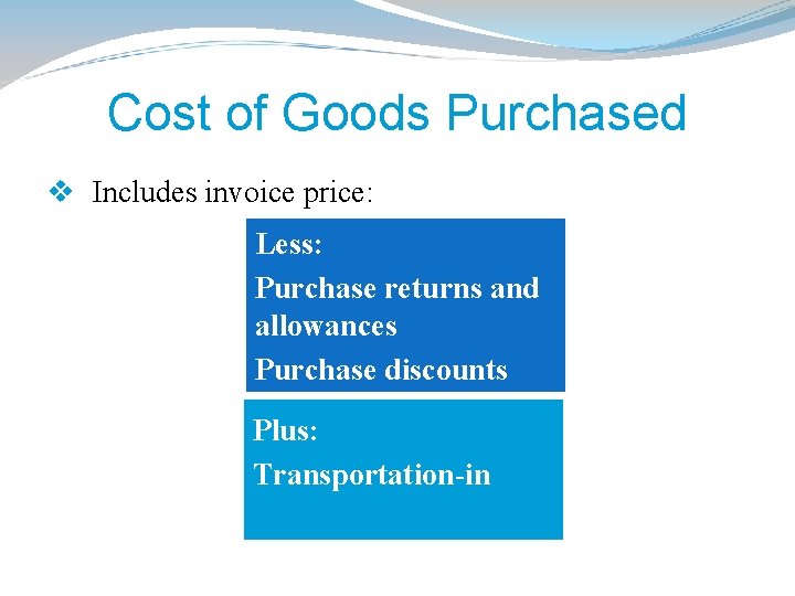 Cost of Goods Purchased v Includes invoice price: Less: Purchase returns and allowances Purchase