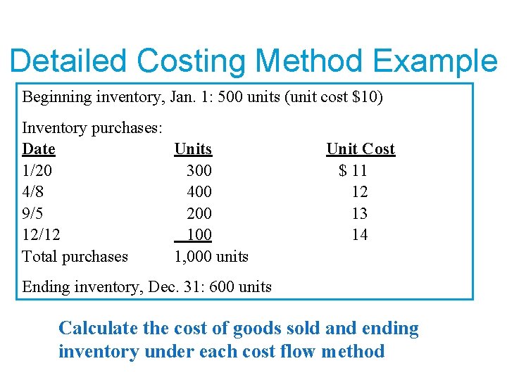 Detailed Costing Method Example Beginning inventory, Jan. 1: 500 units (unit cost $10) Inventory