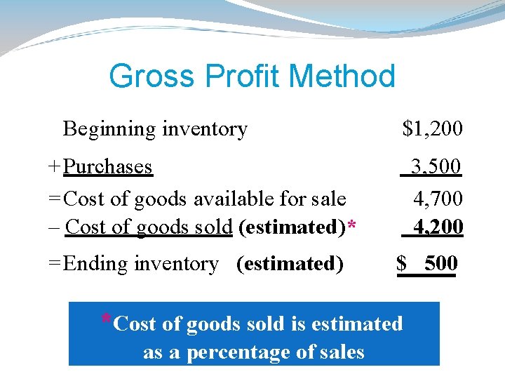 Gross Profit Method Beginning inventory $1, 200 + Purchases = Cost of goods available