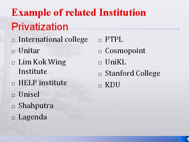 Example of related Institution Privatization � � � � International college Unitar Lim Kok