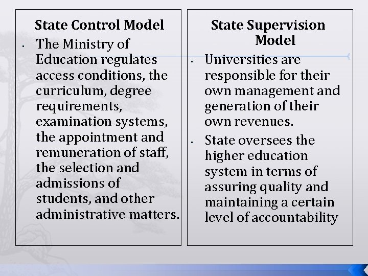  • State Control Model The Ministry of Education regulates access conditions, the curriculum,