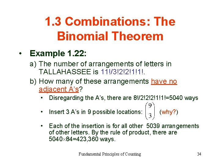 1. 3 Combinations: The Binomial Theorem • Example 1. 22: a) The number of