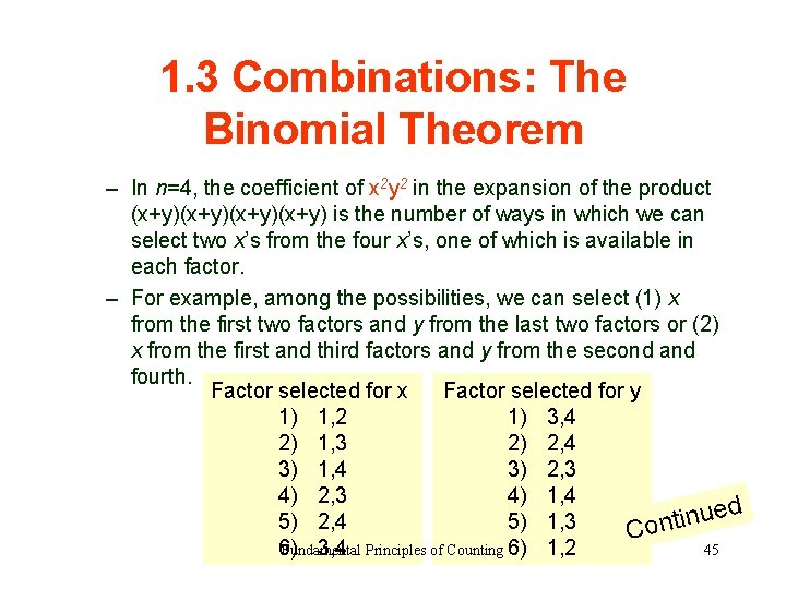 1. 3 Combinations: The Binomial Theorem – In n=4, the coefficient of x 2