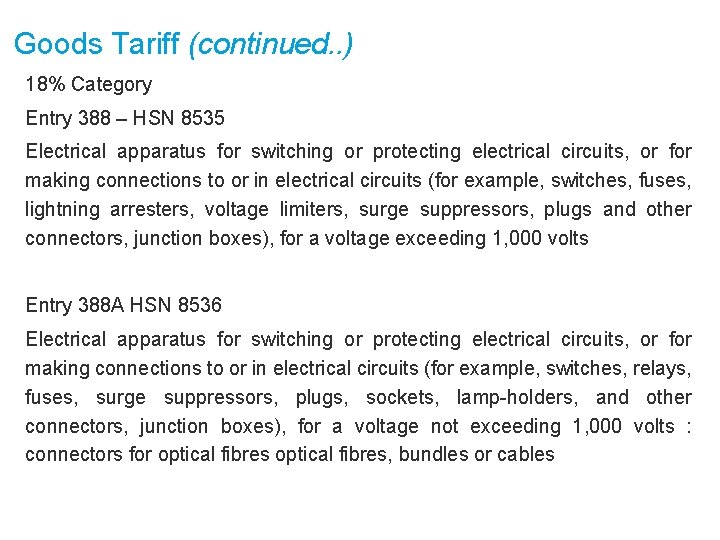 Goods Tariff (continued. . ) 18% Category Entry 388 – HSN 8535 Electrical apparatus