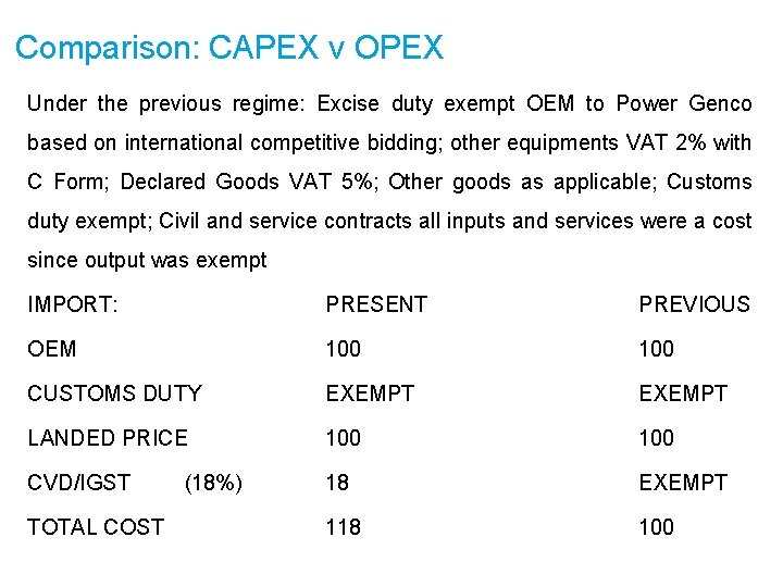 Comparison: CAPEX v OPEX Under the previous regime: Excise duty exempt OEM to Power