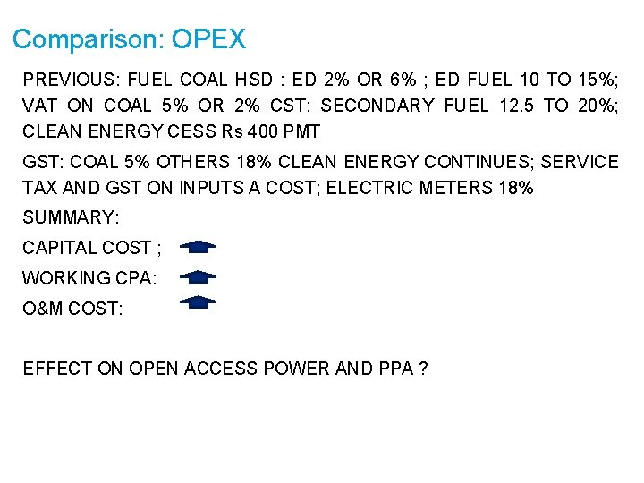 Comparison: OPEX PREVIOUS: FUEL COAL HSD : ED 2% OR 6% ; ED FUEL