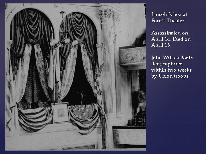Lincoln’s box at Ford’s Theater Assassinated on April 14, Died on April 15 John