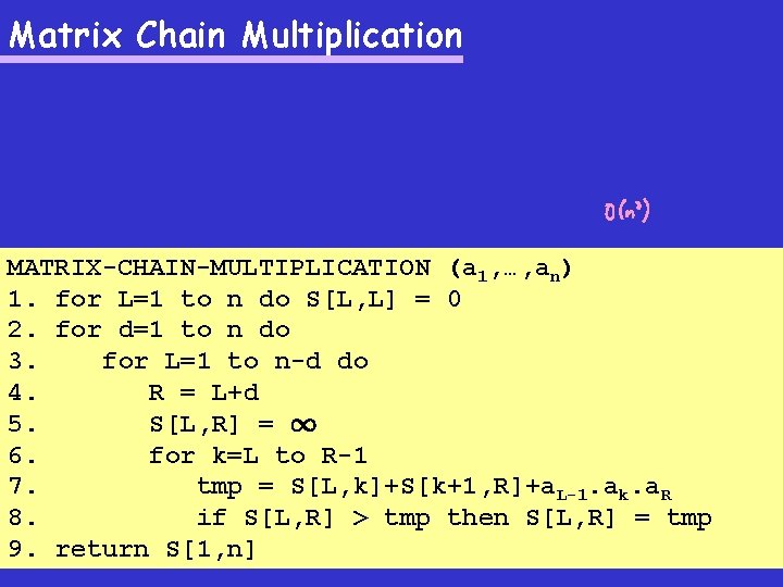 Matrix Chain Multiplication MATRIX-CHAIN-MULTIPLICATION (a 1, …, an) 1. for L=1 to n do