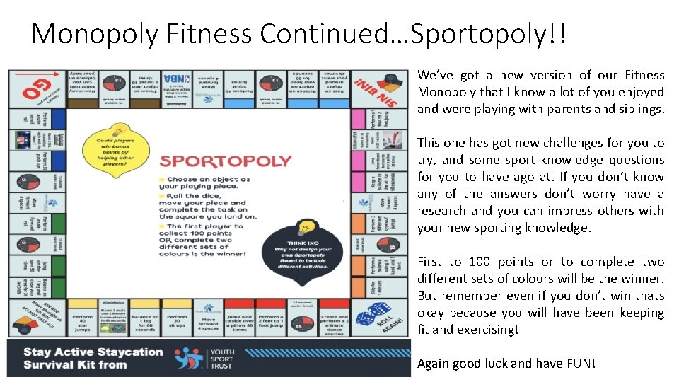 Monopoly Fitness Continued…Sportopoly!! We’ve got a new version of our Fitness Monopoly that I