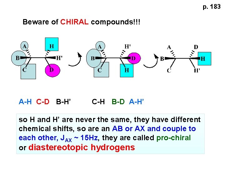 p. 183 Beware of CHIRAL compounds!!! A-H C-D B-H’ C-H B-D A-H’ so H