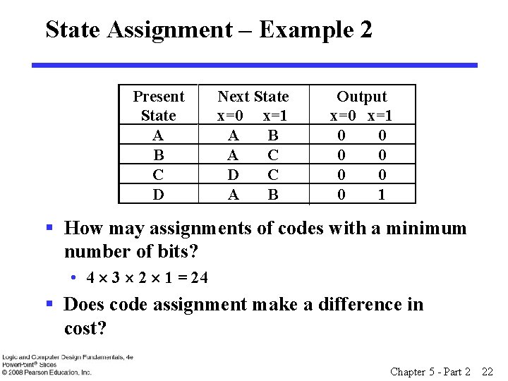 State Assignment – Example 2 Present State A B C D Next State x=0