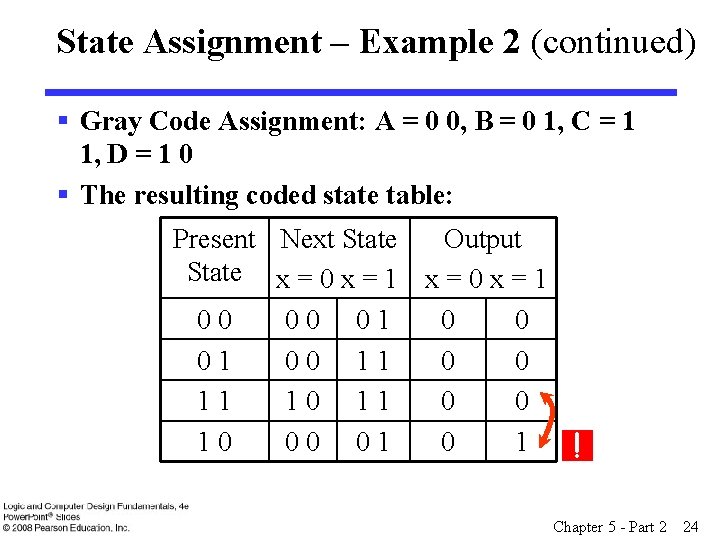 State Assignment – Example 2 (continued) § Gray Code Assignment: A = 0 0,