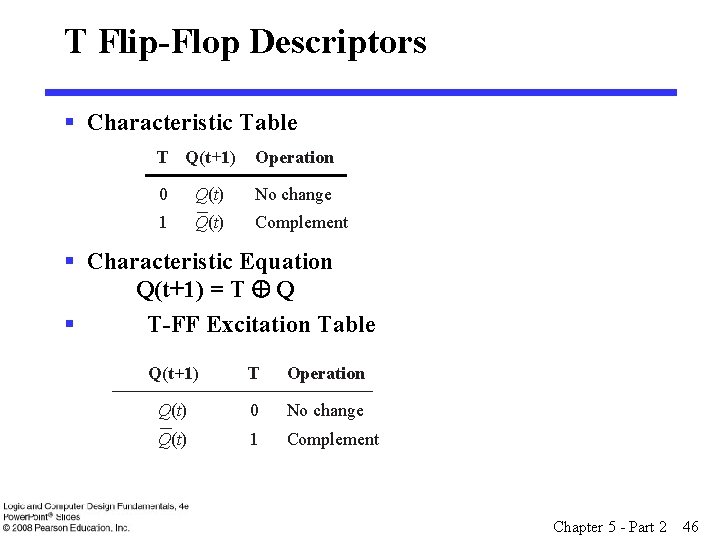 T Flip-Flop Descriptors § Characteristic Table T Q(t +1) Operation 0 Q(t) No change