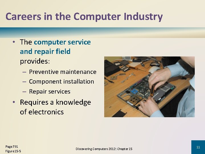 Careers in the Computer Industry • The computer service and repair field provides: –